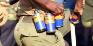 A police officer with teargas canisters on his waist
