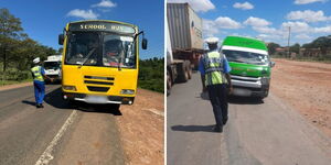 A school bus impounded along Sotik-Kisii Road (left) and traffic checks in Mombasa