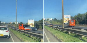 A Super Metro bus reverses in the middle of Thika Road.