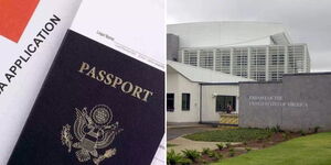 A US Visa (right) and the US Embassy in Nairobi.