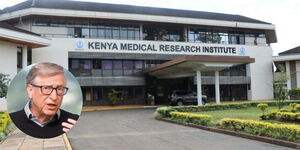 A photo collage of KEMRI Headquarters and Bill Gates