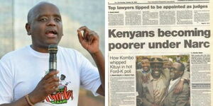 A photo collage of President William Ruto's ally, Dennis Itumbi, and an old newspaper frontpage  of The Standard.