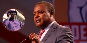 A photo of the late former Lugari Member of Parliament, Cyrus Jirongo, and an insert of PLP Party leader Martha Karua