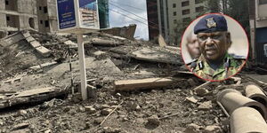 A photo of the collapsed South C building and an insert of Inspector General of Police Douglas Kanja