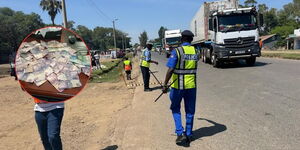 A photo of traffic police officers controlling vehicles along a road, with an inset showing money spread on a table.