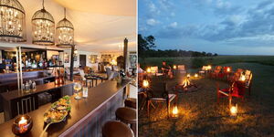 A bar area at the Cottar's 1920s Camp in Masai Mara (left) and an outdoors at Elewana Elephant Pepper Camp.