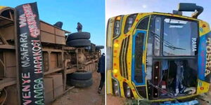 A bus that overturned along Kitale-Lodwar Highway.