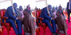 A collage Deputy President Rigathi Gachagua and Senator Samson Cherargei interacting with a man in Nand County on Sunday August 13, 2023
