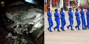 A collage of a burnt car in Kakamega county (left) and police officers during a parade (right)
