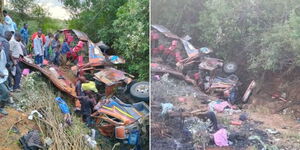 A collage of a bus involved in an accident in Machakos on February 26, 2024