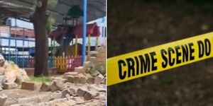 A collage of a collapsed wall (left) and a police caution tape (right)