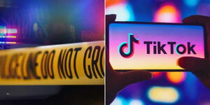 A collage of a crime scene tape (left) and a silhouette of a person using TikTok (right)