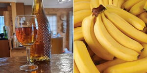 A collage of a glass and bottle of banana wine (left) and a bunch of banana fruits at the market (right)
