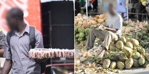 A collage of a groundnut seller on the streets (left) and a man selling coconuts (right)