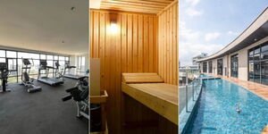 A collage of a gym, sauna and swimming pool at different apartments in Nairobi