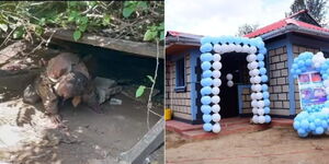 A collage of a homeless living in a cave (left) and the house built for him (right)