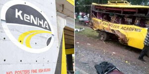 A collage of a KENHA signpost (left) and the wreck of a school bus involved in an accident on Saturday June 24, 2023