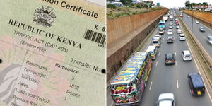 A collage of a logbook (left) and vehicles plying Thika road (right)