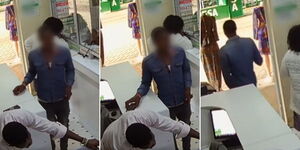 A collage of a man walking into a shop in Kahawa Wendani and leaving with a phone