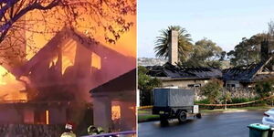 A collage of a mansion in Australia burning down (left) and the remains (right)