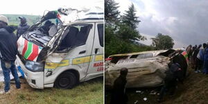 A collage of a matatu involved in an accident on Monday February 26, 2024
