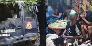 A collage of a Mombasa police vehicle (left) and Kenyans arrested (left) during a raid in Mombasa County on January 13, 2024