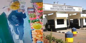A collage of a murder suspect at a kiosk (right) and the entrance at DCI along Kiambu Road (left)