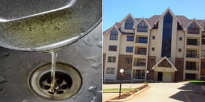 A collage of a person pouring oil down the drain (left) and an apartment block in Nairobi (right)