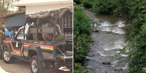 A collage of a police vehicle at a crime scene (left) and a section of River Kathita in Meru County (right)
