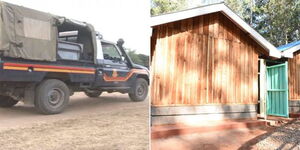 A collage of a police vehicle (left) and a house in Nyeri County (right)