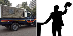 A collage of a police vehicle (left) and a silhouette of a pastor preaching (right)