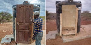 A collage of a tank transformed into a pit latrin in a dispensary in Wajir