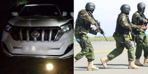 A collage of a Toyota Prado seized by DCI on Sunday October 15, 2023 (left) and DCI officers during an operation at JKIA (right)