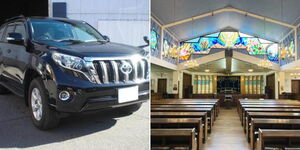 A collage of a Toyota Prado TX (left) and an empty church in Kenya (right)