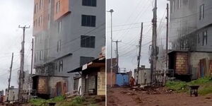 A collage of a transformer emitting smoke near an apartment