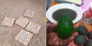 A collage of a tray with few eggs (left) and a person holding an avocado after washing it (left)