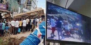 A collage of a truck involved in an accident on Wednesday May 10 in Migori County (left) and a screengrab of the accident captured on CCTV (right)