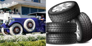 A collage of a vehicle with white tyres (left) and a pile of black tyres (right)