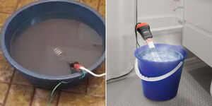 A collage of a water heater in a basin and bucket of water