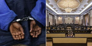 A collage of  a woman in handcuffs (left) and inside an empty court in Malaysia (right)