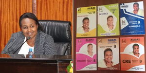 A collage of Aldai Member of Parliament (MP) Marianne Kitany (left) and books she donated to a local primary school on May  12, 2023