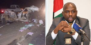 A collage of an accident along the Narok-Suswa road on Wednesday May 17, 2023 (left) and Transport CS Kipchumba Murkomen at a meeting on Wednesday May 17, 2023 (right)