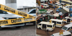 A collage of an accident caution tape (left) and matatus at a pick up stage in Nairobi (right)