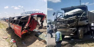 A collage of an accident involving a bus and a truck along Mombasa Road on February 12, 2024