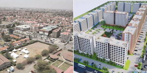 A collage of an aerial view of Buru Buru estate (left) and an artistic representation of affordable houses (right)