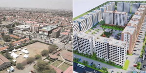 A collage of an aerial view of Buru Buru estate (left) and an artistic representation of affordable houses (right)