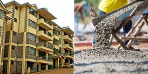 A collage of an apartment block in Nairobi (left) and a mix of cement at a construction site (right)