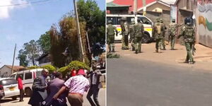 A collage of an MCA being arrested in Baringo (left) and police officers at the scene (right) on Wednesday February 14, 2024