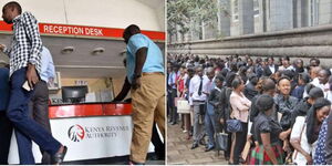 A collage of an office at KRA (left) and job seekers standing in line in Nairobi (right)