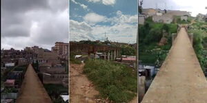 A collage of an unfinished bridge in Kayole on May 31, 2023